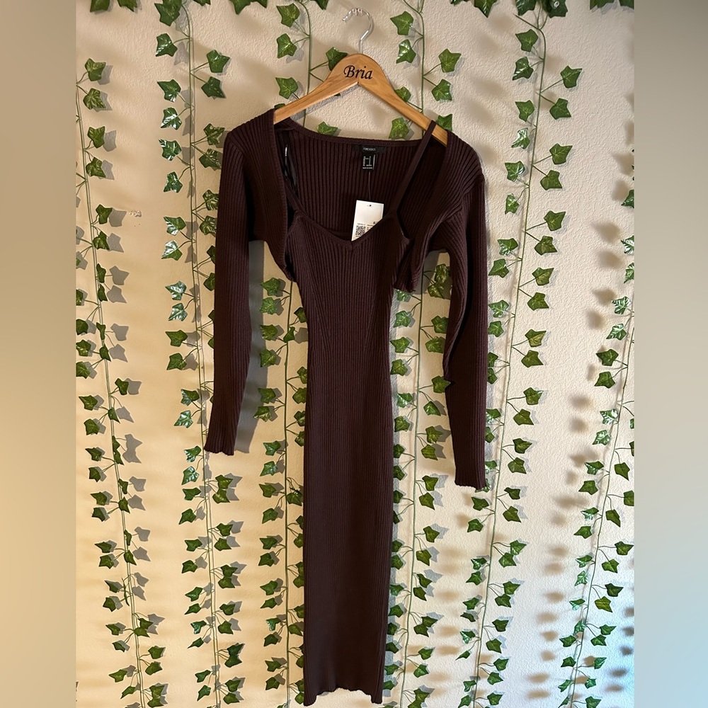 Forever 21 brown bodycon dress with matching coverup sweater, size small